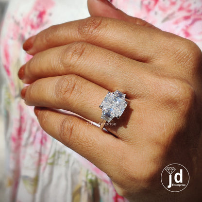 4.00 TW Colorless Radiant Cut Moissanite Ring, Side Trapezoid Moissanite, Three Stone Engagement Ring, Claw Prongs, Wedding Ring, Bride Ring
