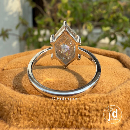 Salt and Pepper Moissanite Diamond Ring, Hexagon Black Speckled Salt and Pepper Ring, Engagement Ring, Solitaire Ring, Six Claw Prongs