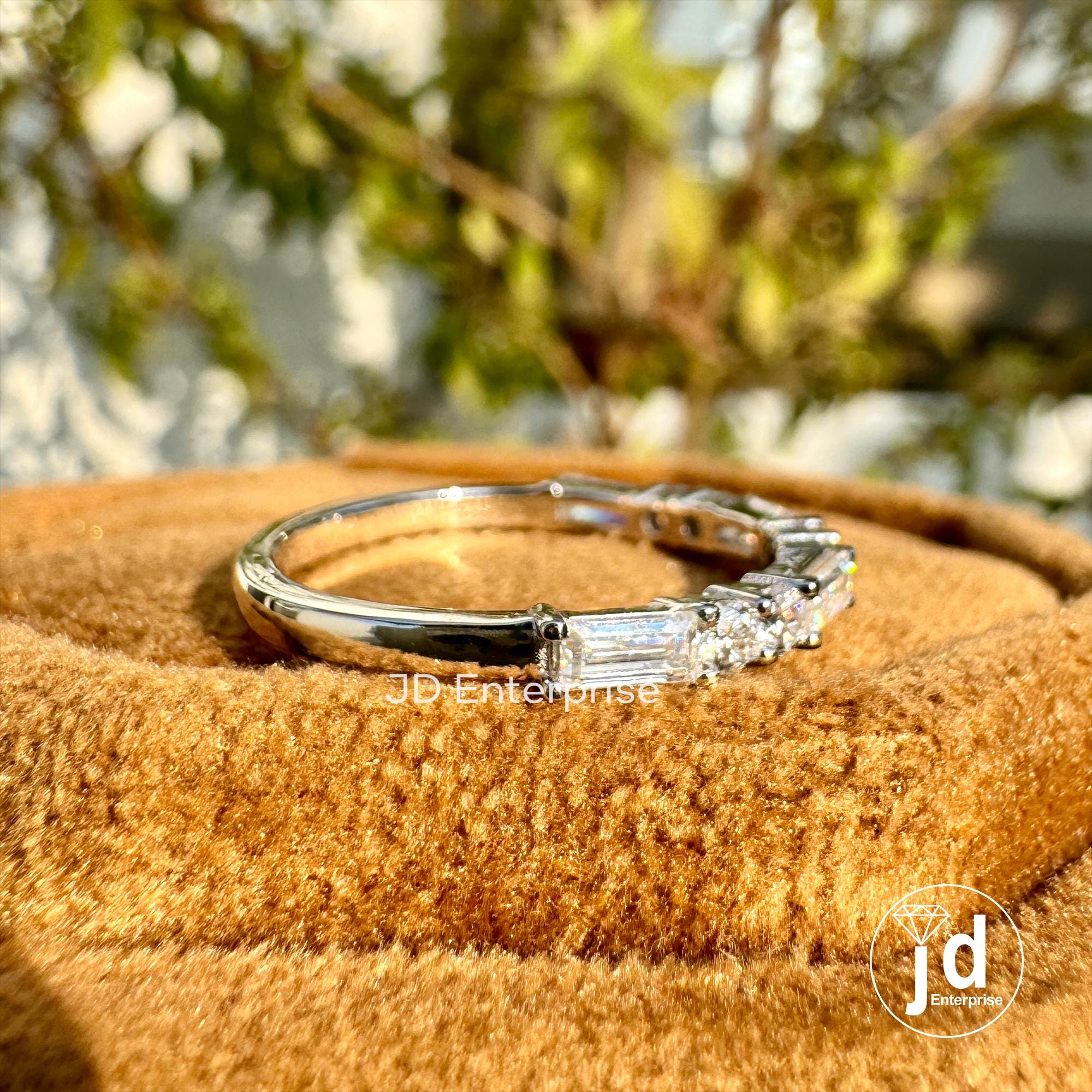 0.72 TCW Baguette and Round Colorless Moissanite Wedding Band, Half Eternity Band, White Gold Band, Stackable Band, Anniversary Gifts