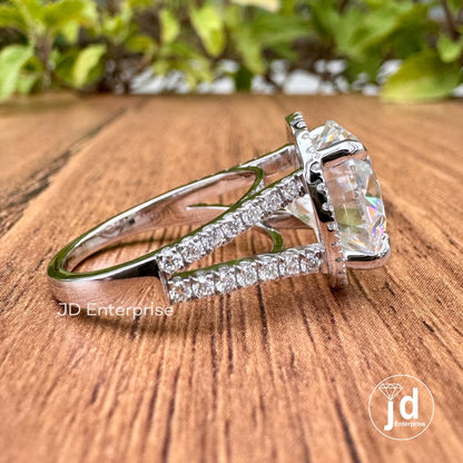 6.00 CT Colorless Heart & Arrow Round Cut Moissanite Ring, Halo Engagement Ring, Accent Wedding Ring, Pave Split Shank Ring, Bridal Ring