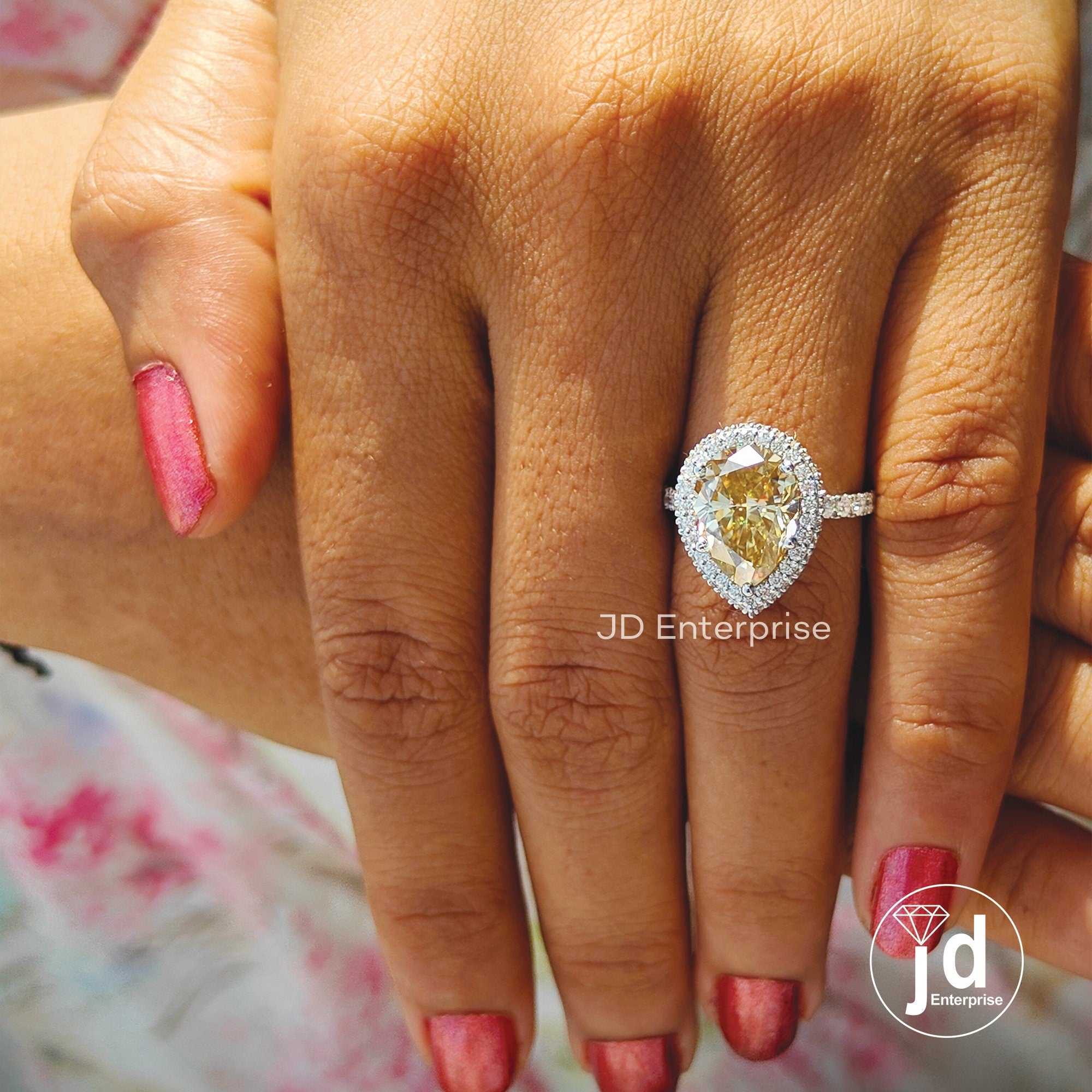 3.50 CT Pear Cut Canary Yellow Moissanite Halo Engagement Ring, Hidden Halo Wedding Ring, Teardrop Accent Bridal Ring, Anniversary Gifts