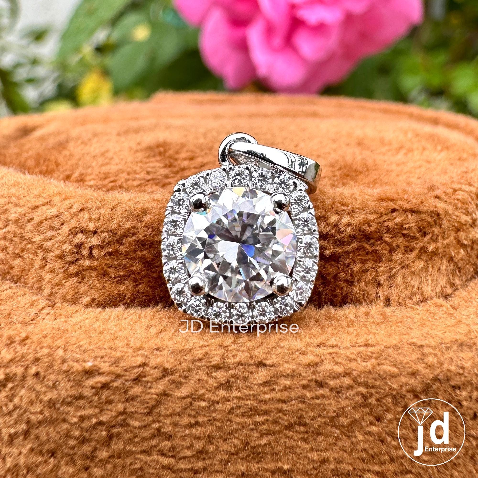 1.00 CT Round Brilliant Cut Colorless Moissanite Halo Pendant, Wedding Pendant for Bride, 18k Solid White Gold Pendant, Halo Set for Gift