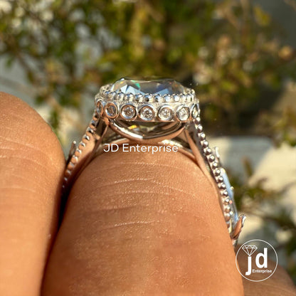Vintage 5.24 TCW Light Grey Old Mine Cushion Cut Engagement Ring, Bezel Set Branch & Leaf Moissanite Wedding Ring, Milgrain Hidden Halo Ring