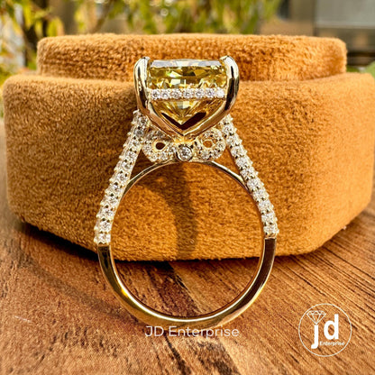 8.00 CT Big Radiant Cut Canary Yellow Moissanite Engagement Ring, Three Side Pave Wedding Ring, Hidden Halo Bridal Ring, Peekaboo Setting