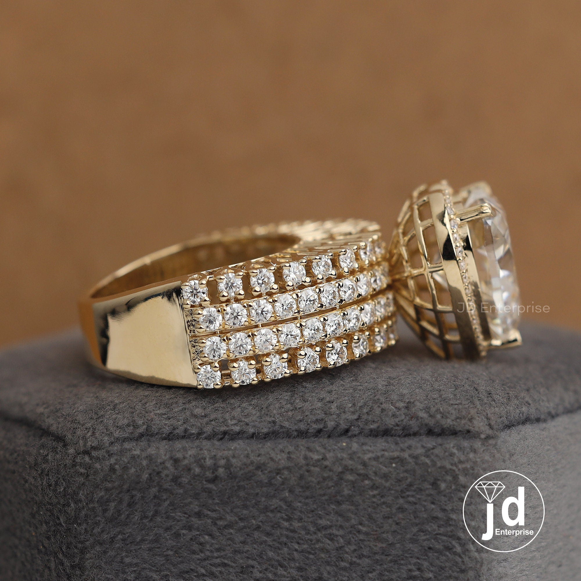 6.00 CT Colorless Heart Shape Moissanite Halo Engagement Ring, Tulip Basket Set Wedding Ring, Four Row Pave Accent Ring, Yellow Gold Ring