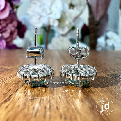 Blue Green Moissanite Diamond Earrings - Cluster Flower Studs for Women, Handmade Jewelry Halo Collection, Gift for Women, Everyday Earrings