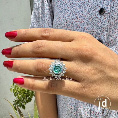 2.25 carat Cyan Blue Portuguese Cut Moissanite Engagement Ring, Antique Halo Ring for Women, Floral Style Wedding Ring, Bespoken Ring