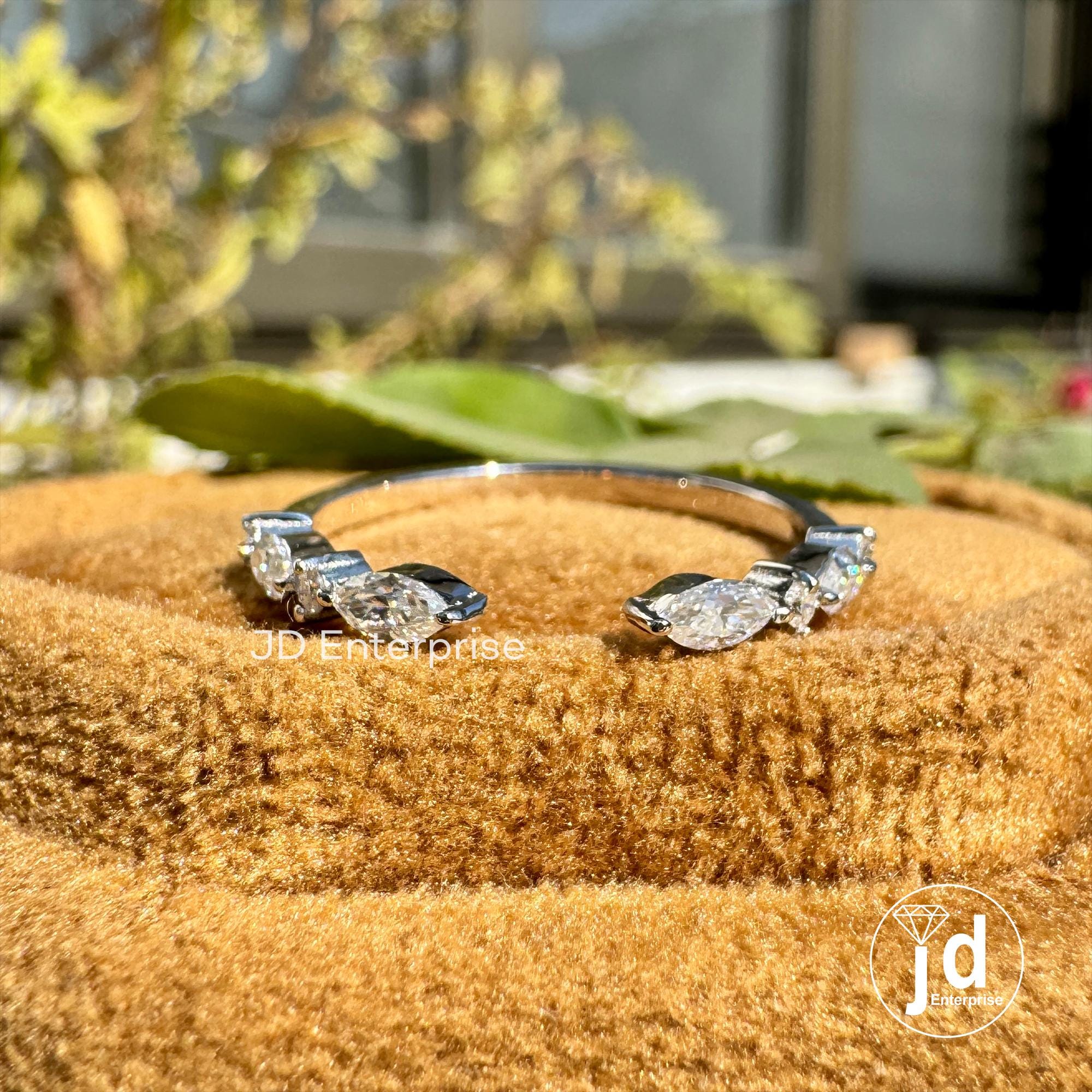 Minimalist Open Gap Wedding Band, 0.30TW Marquise & Round Moissanite Engagement Band, Half Eternity Band, Stackable Matching Band for Women