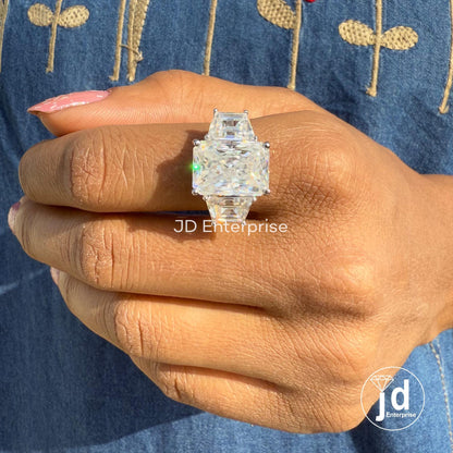 11.00 TCW Large Radiant Cut Moissanite Engagement Ring, Three Stone Celebrity Style Wedding Ring, Trapezoid Cut, Claw Prongs, Bride Ring Set