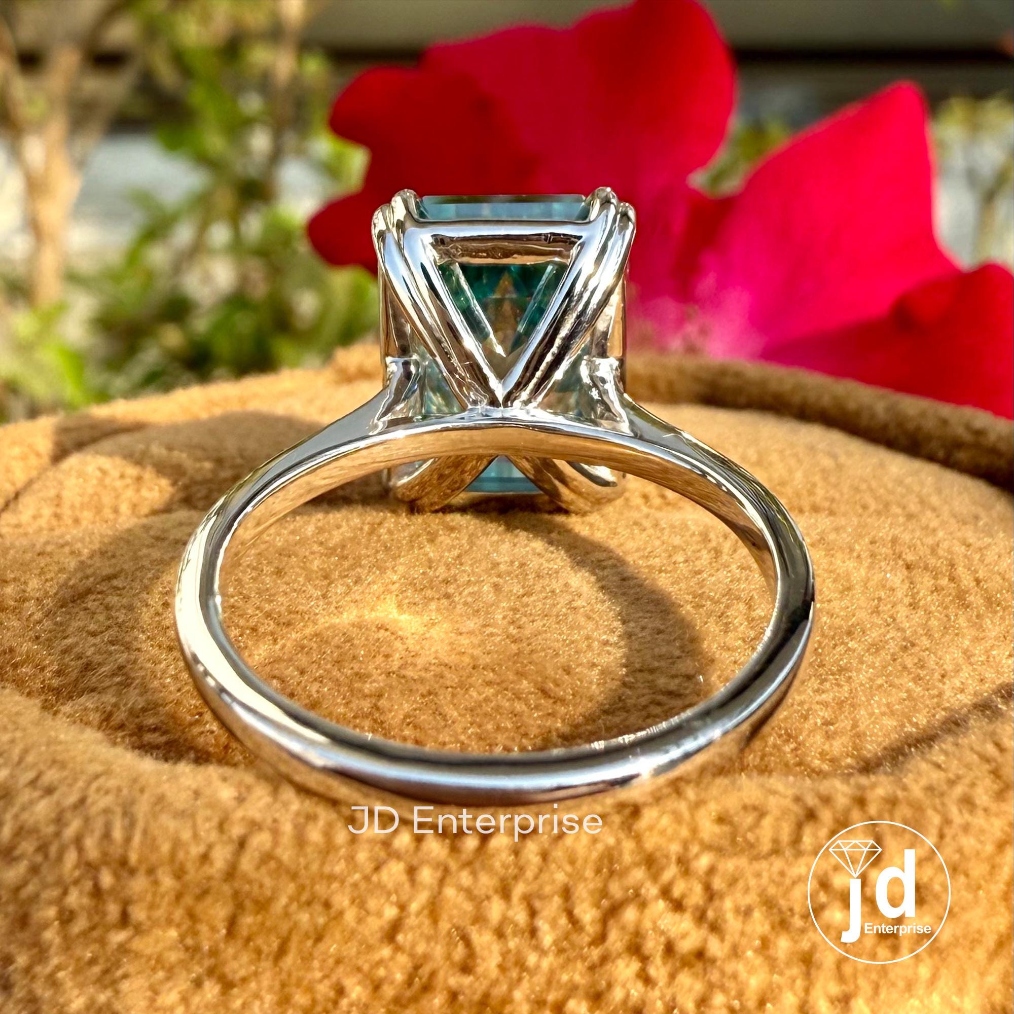 Emerald Moissanite Ring, Solitaire Moissanite Wedding Ring, Greenish Blue Moissanite Engagement Ring, Double Claw Prongs, Anniversary Ring