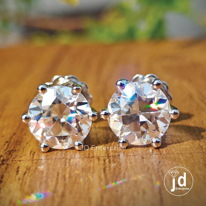 6.00 TW Round Old European Cut Colorless Moissanite Stud Earrings, Six Prong Wedding Earrings, Engagement Gifts Earrings, Screw Back, Bridal
