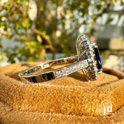 Vintage Engagement Ring, 3.12 TCW Radiant Cut Dark Blue Moissanite Wedding Ring, Flower Style Halo Ring, Double Prongs, Anniversary Gift