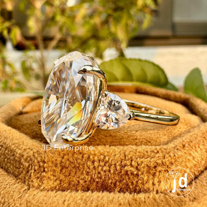 Three Stone Oval Engagement Ring, Luxury Wedding Ring, 13.50 TCW Oval & Heart Shape Celebrity Style Bridal Ring, Large Oval Yellow Gold Ring