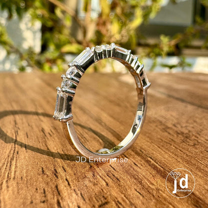 0.72 TCW Baguette and Round Colorless Moissanite Wedding Band, Half Eternity Band, White Gold Band, Stackable Band, Anniversary Gifts