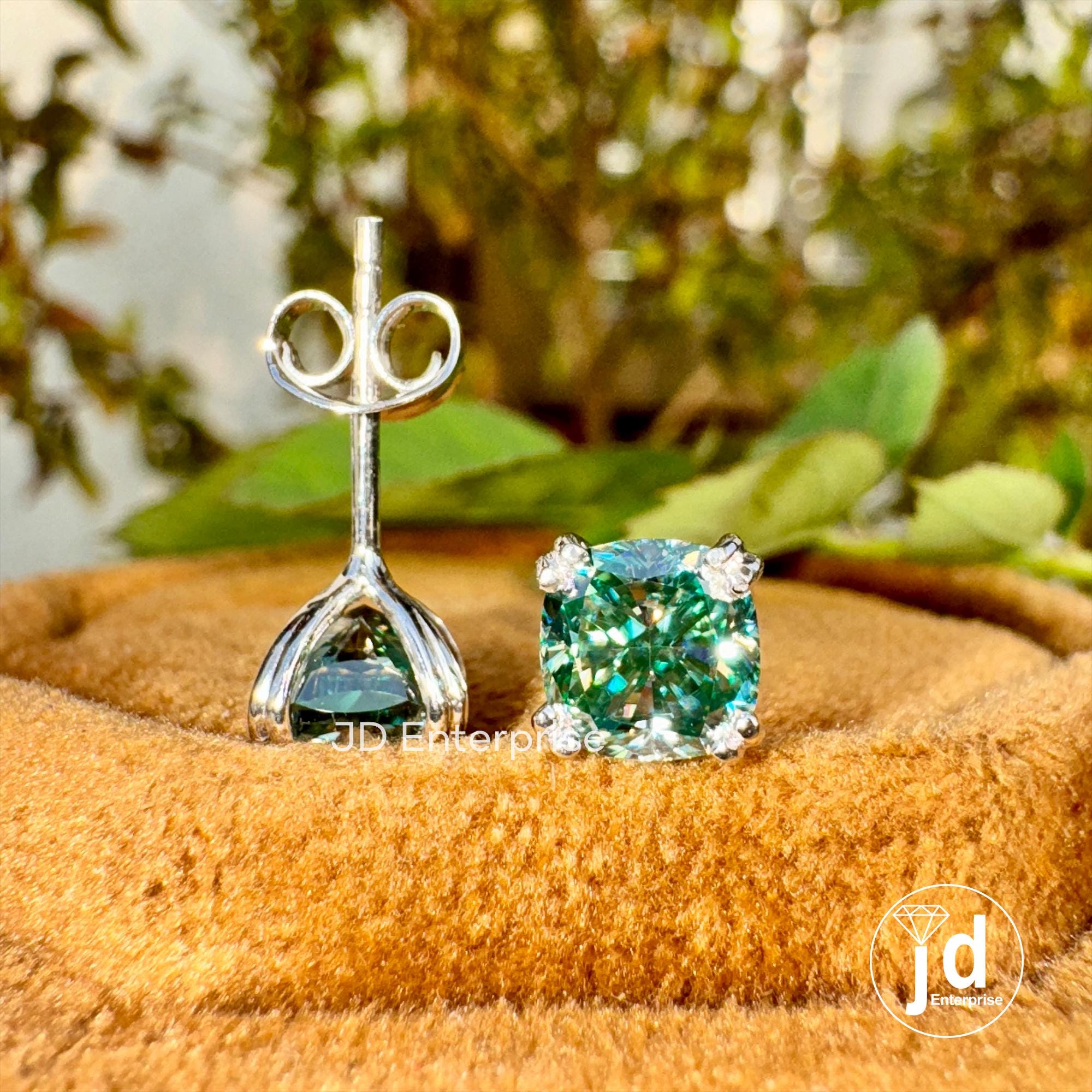 2.20 TCW Bluegreen Cushion Cut Moissanite Stud Earrings, Double Claw Prongs, Wedding Earrings, Screw/Push Back Earrings, Anniversary Gift
