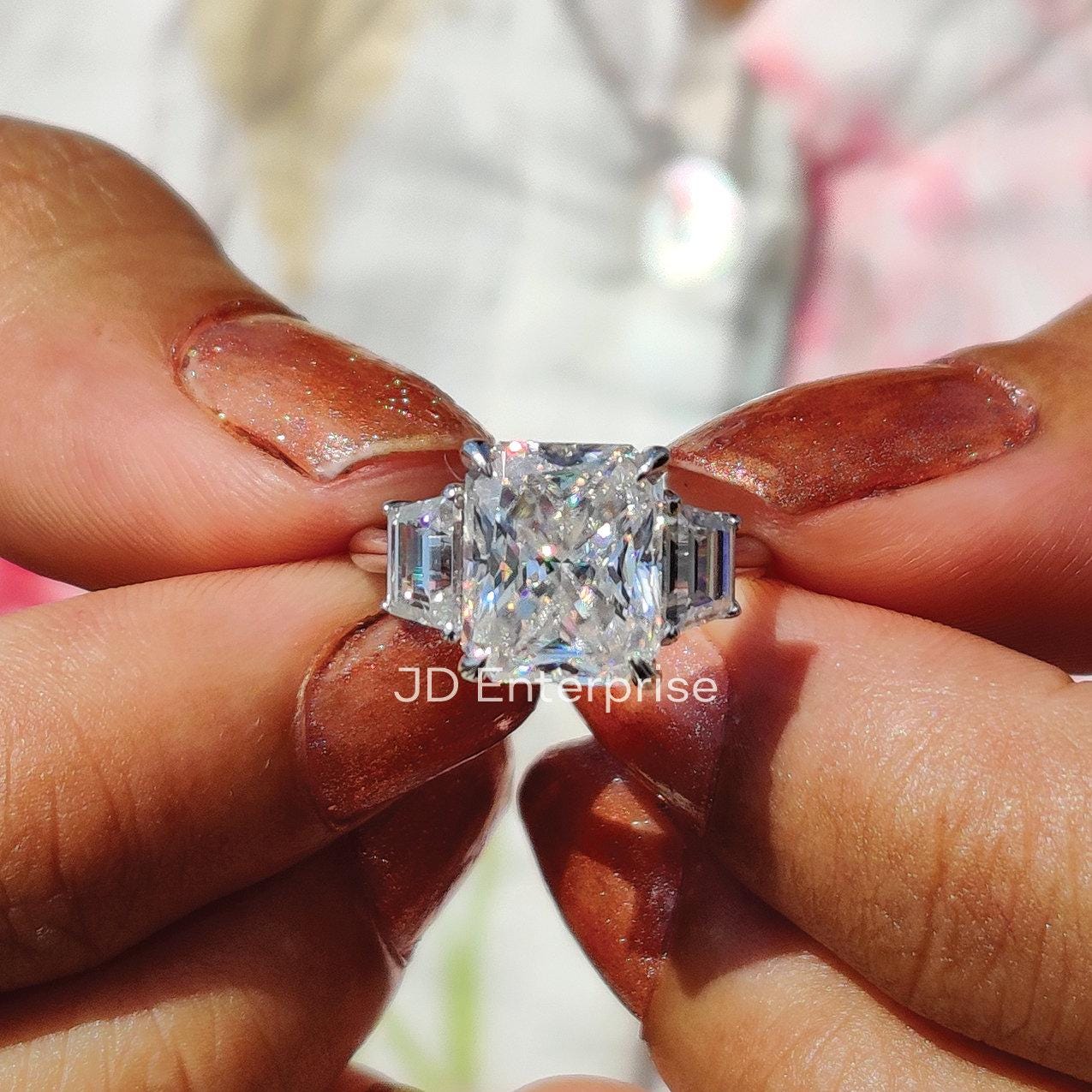4.00 TW Colorless Radiant Cut Moissanite Ring, Side Trapezoid Moissanite, Three Stone Engagement Ring, Claw Prongs, Wedding Ring, Bride Ring