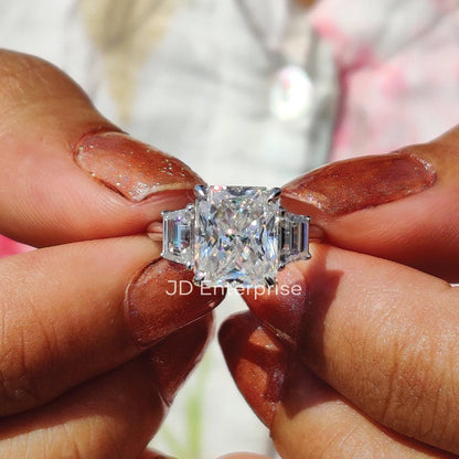 4.00 TW Colorless Radiant Cut Moissanite Ring, Side Trapezoid Moissanite, Three Stone Engagement Ring, Claw Prongs, Wedding Ring, Bride Ring