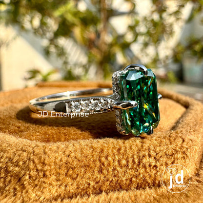 2.25 CT Green Radiant Moissanite Engagement Ring, Hidden Halo Wedding Ring, Compass Set Prongs Milgrain Ring, With Accent Stone Bridal Ring