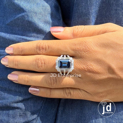 Large 6.70 CT Emerald Cut Royal Blue Moissanite Engagement Ring, Pave Split Shank Wedding Ring, Baguette & Round Halo Ring, Anniversary Gift