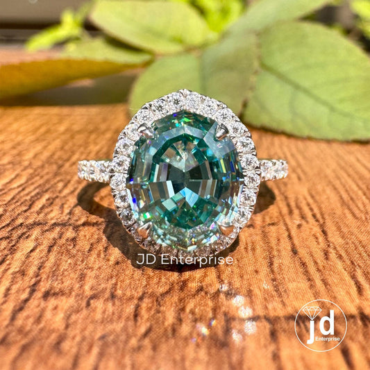 3 CT Bluegreen Moissanite Anniversary Ring, Step Cut Oval Wedding Ring, Halo Engagement Ring, Round Assent Set Bridal Ring, Proposal Ring