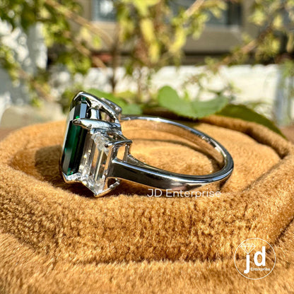 6.00 TW Emerald Cut Fancy Dark Green Moissanite Engagement Ring, Three Stone Wedding Ring, Side Stone Baguette, Anniversary Gift Bridal Ring