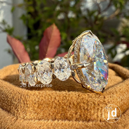 Large Oval Moissanite Engagement Ring, Hidden Halo With Wide Band, 13.0 TCW Oval Wedding Ring, Big Oval Cut Celebrity Style Yellow Gold Ring