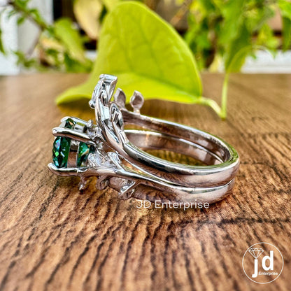 1.25 CT Portuguese Cut Green Moissanite Wedding Ring Set, Vintage Leaf Engagement Ring Set, Nature Inspired Anniversary Matching Band