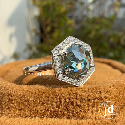 1.50 CT Flower Rose Cut Round Bluegreen Moissanite Ring, Hexagonal Shape Halo Engagement Ring, Six Prong Setting, Promise Rings for Her