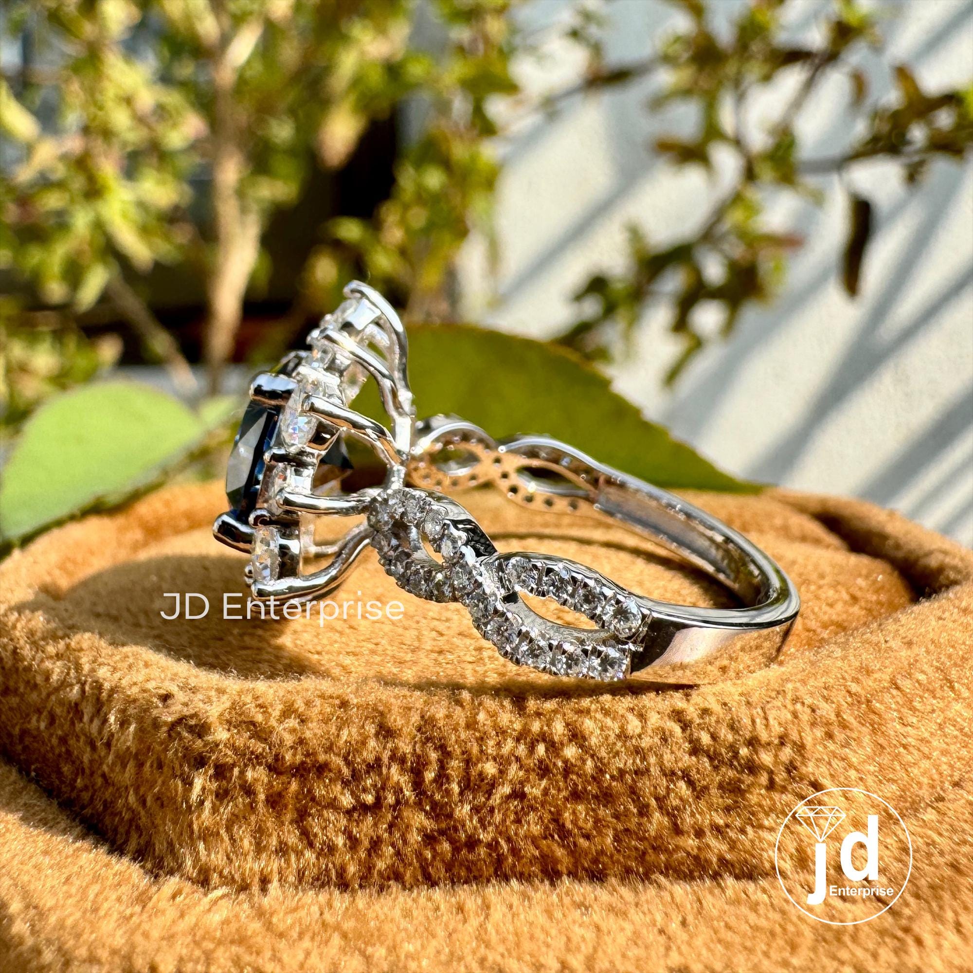 3.50 CTW Round Cut Dark Blue Moissanite Engagement Ring, Vintage Halo Anniversary Ring, Twisted Pave Wedding Ring, Crossover Rings for Women