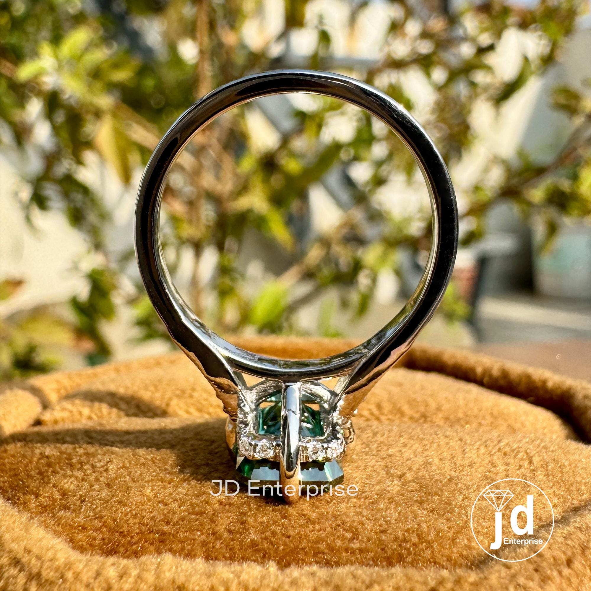 2.25 CT Green Radiant Moissanite Engagement Ring, Hidden Halo Wedding Ring, Compass Set Prongs Milgrain Ring, With Accent Stone Bridal Ring