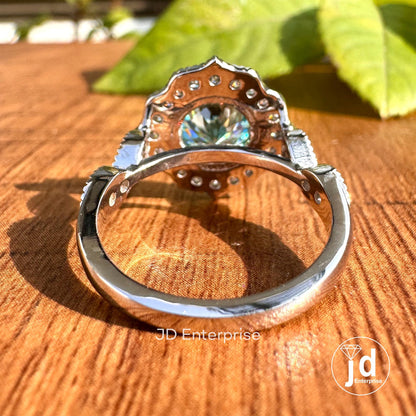 Cyan Blue Portuguese Cut Moissanite Ring, White Gold Halo Engagement Ring, Round Pave Set, Milgrain Wedding Ring, Anniversary Ring