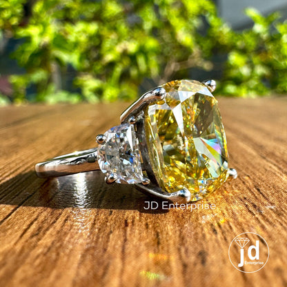 9.30 TW Cushion Cut Canary Yellow Moissanite Ring, Three Stone Engagement Ring, Side Half Moon Cut, Wedding Ring, Elongated Cushion Cut
