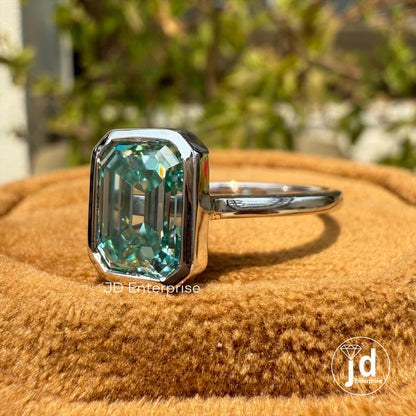 Emerald Cut Moissanite Proposal Ring, 2.50 CT Blue Green Moissanite Anniversary Ring, Solitaire Bridal Ring, Bezel Set Wedding Ring