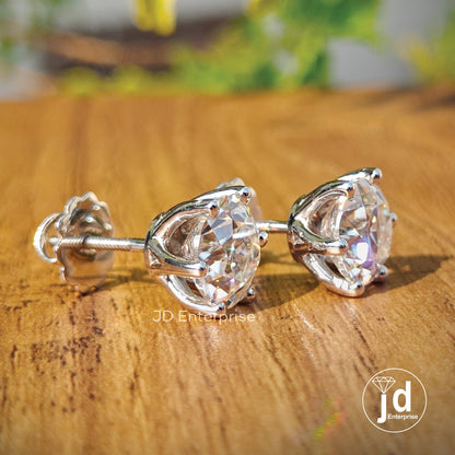 6.00 TW Round Old European Cut Colorless Moissanite Stud Earrings, Six Prong Wedding Earrings, Engagement Gifts Earrings, Screw Back, Bridal