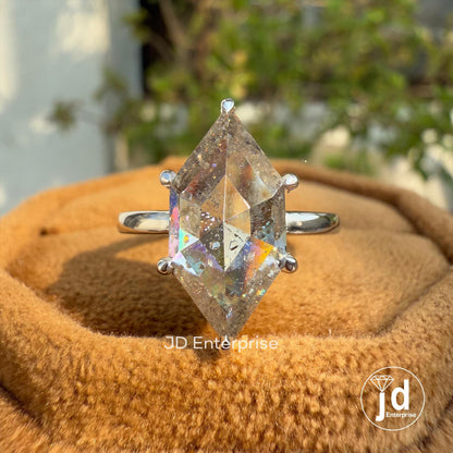 Salt and Pepper Moissanite Diamond Ring, Hexagon Black Speckled Salt and Pepper Ring, Engagement Ring, Solitaire Ring, Six Claw Prongs