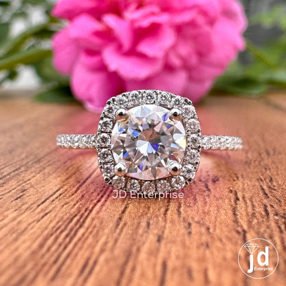 1.00CT Round Brilliant Cut Moissanite Colorless Engagement Ring, Pave Set Halo Wedding Ring, Anniversary Gift Ring, 10k/14k/18k/ Bridal Ring