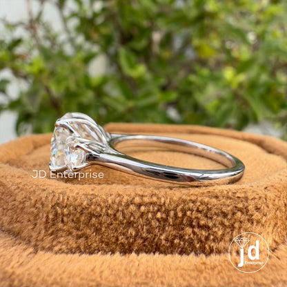 2.36 TW Round Brilliant Colorless Moissanite Ring, Three Stone Engagement Ring, Trellis Setting Wedding Ring, Proposal Ring, Promise Ring