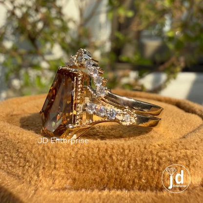 3.11 TCW Coffin Cut Brownish Champagne Moissanite Engagement Ring with Chevron Wedding Band, Art Deco Bridal Set, Milgrain Anniversary Ring