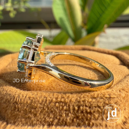 3.0 CT Portuguese Cut Cyan Blue Moissanite Ring, Vintage Style Engagement Ring, Baguette and Round Halo Ring, Wedding Ring, Anniversary Gift