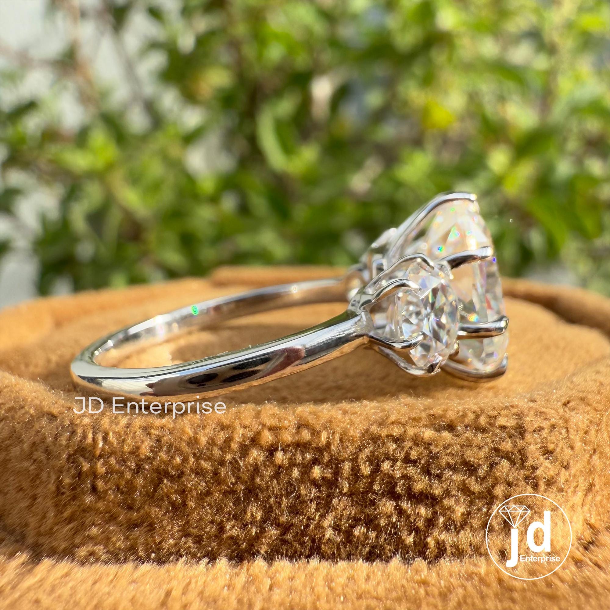4.80 TW Colorless Cushion and Round Old Mine Cut Moissanite Ring, Vintage Style Three Stone Engagement Ring, Wedding Ring, Anniversary Gifts