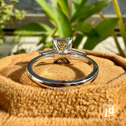 3.00 CT Emerald Cut Canary Yellow Moissanite Engagement Ring, Three Stone Wedding Ring, Side Tapered Baguette, Comfort Fit Anniversary Ring