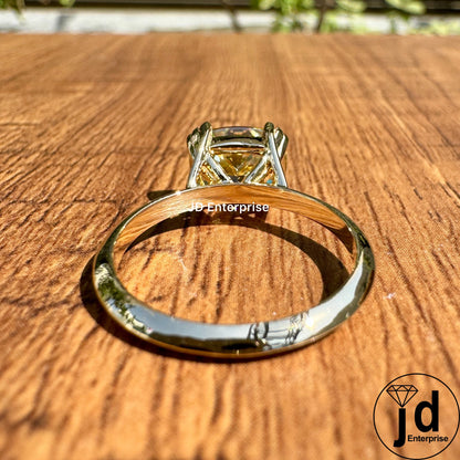 Canary Yellow Moissanite Engagement Ring, 2.50 CT Cushion Cut Solitaire Wedding Ring, Triple Claw Prong, Knife Edge Shank, Ring for women