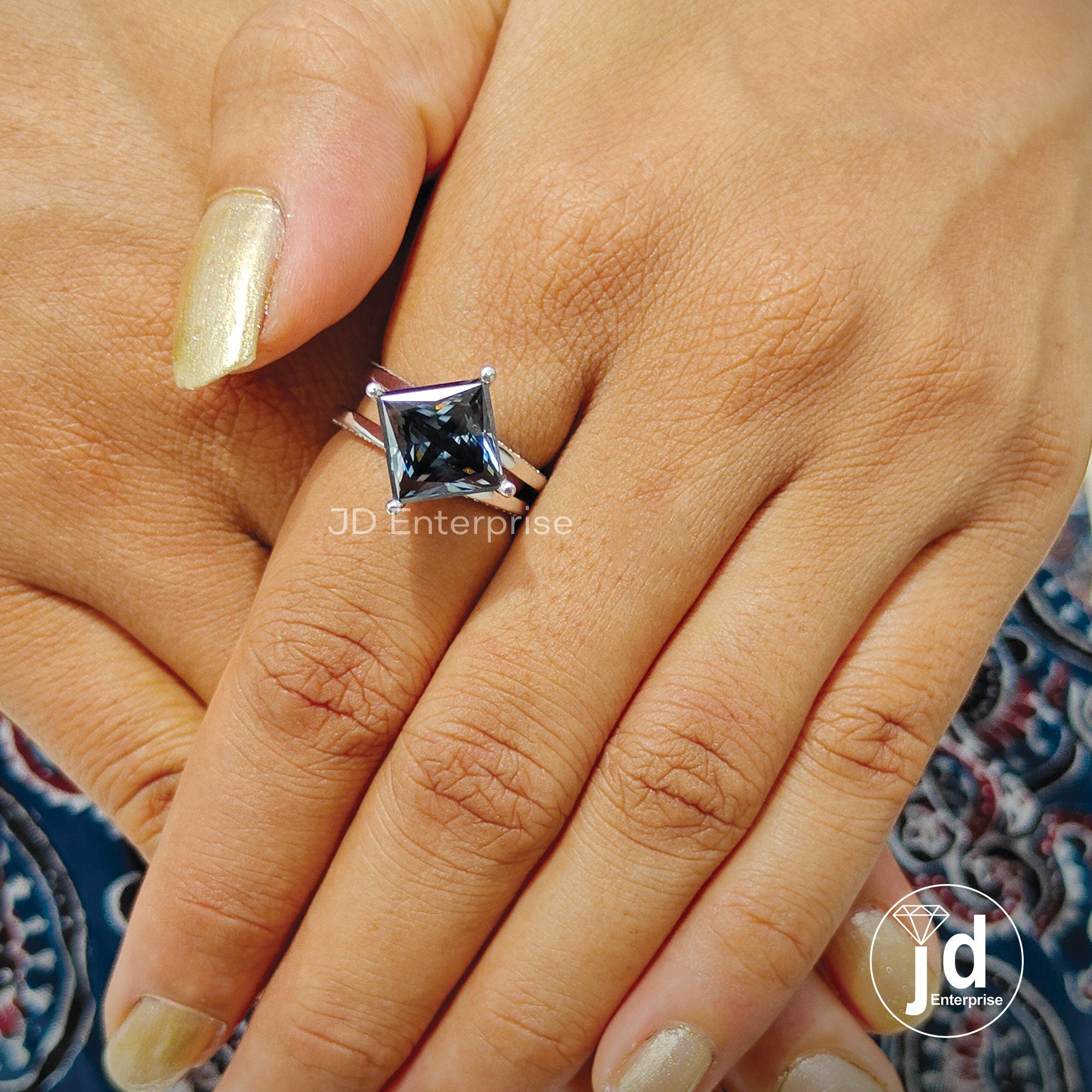 4.70 CT Princess Cut Dark Grey Moissanite Engagement Ring, Hidden Halo Wedding Ring, Compass Set, Split Pave Ring, Anniversary Gift Ring