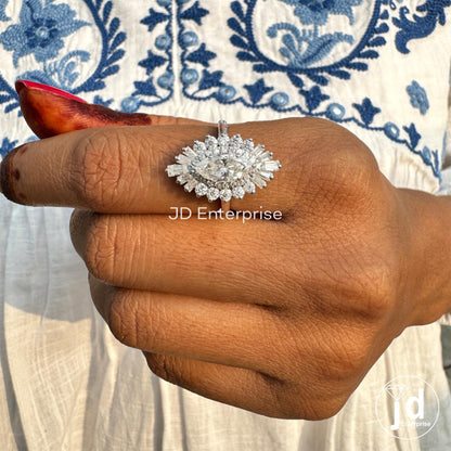 Celebrity Style Marquise Moissanite Engagement Ring, 2.15 TW Baguette and Round Cut Double Halo Wedding Ring, Starburst Halo Bridal Ring