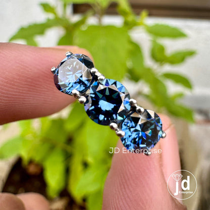 1.50 TCW Round Cut Antique Dark Blue Moissanite Engagement Ring, Three Stone Ring, White Gold Promise Ring, Wedding Ring, Anniversary Gift