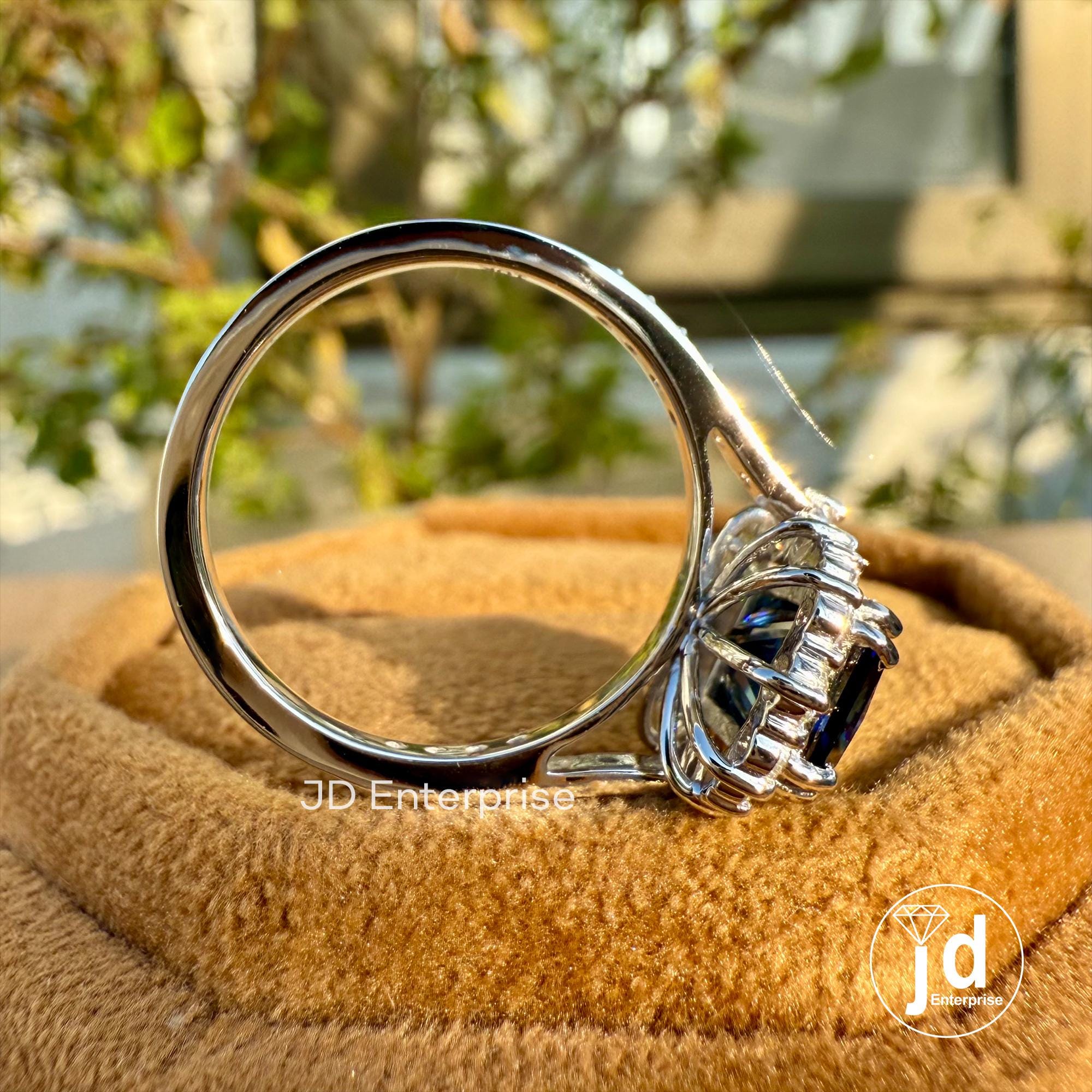 Vintage Engagement Ring, 3.12 TCW Radiant Cut Dark Blue Moissanite Wedding Ring, Flower Style Halo Ring, Double Prongs, Anniversary Gift