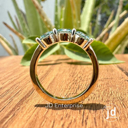 1.40 TCW Round Cut Cyan Blue Moissanite Engagement Ring, Three Stone Wedding Ring, Yellow Gold Promise Ring, Anniversary Gift, Travel Ring