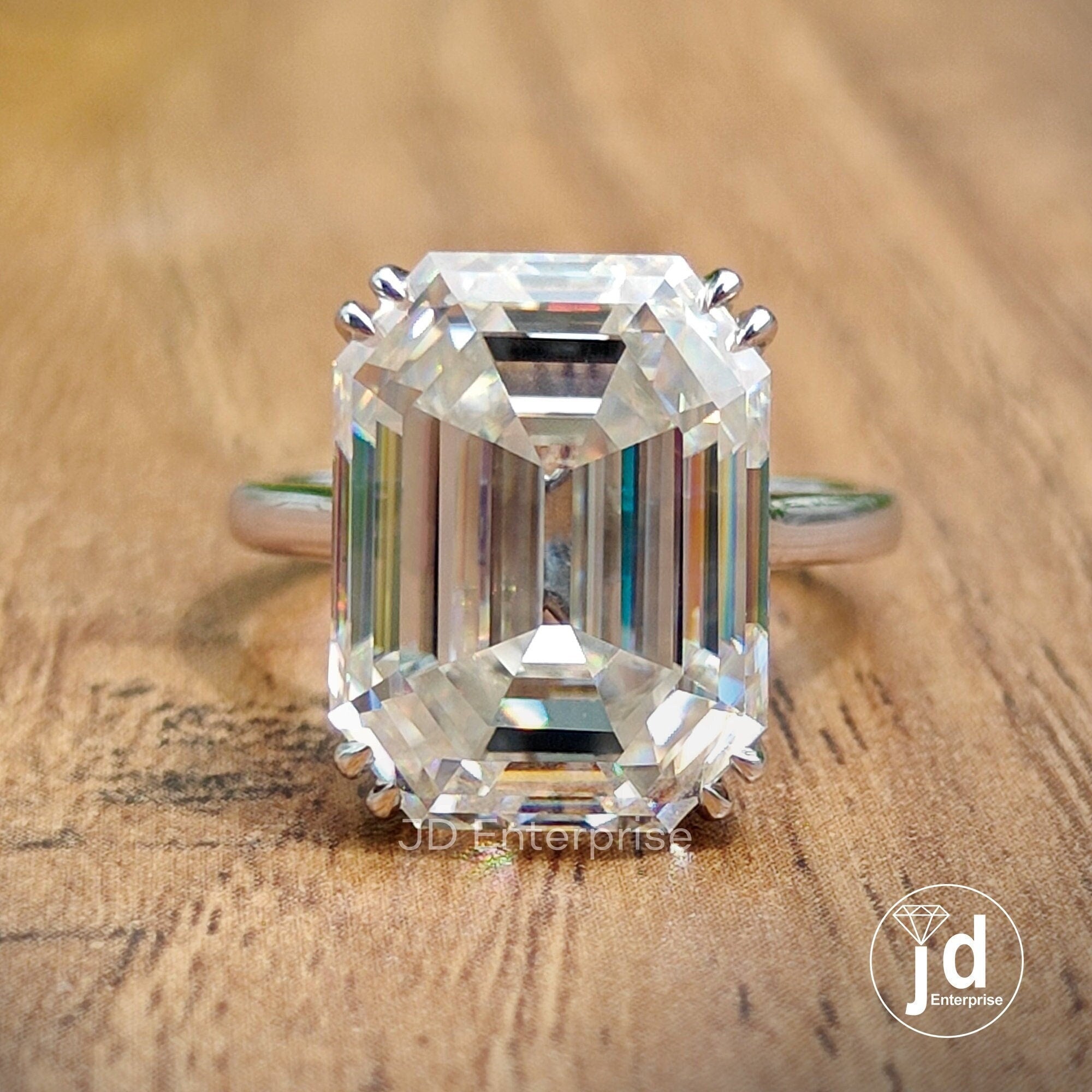Large 12.30 CT Old Mine Cut Emerald Moissanite Engagement Ring, Celebrity Style Solitaire Wedding Ring, Double Claw Prongs, Anniversary Gift