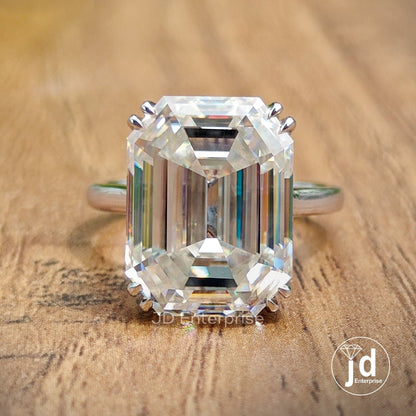 Large 12.30 CT Old Mine Cut Emerald Moissanite Engagement Ring, Celebrity Style Solitaire Wedding Ring, Double Claw Prongs, Anniversary Gift