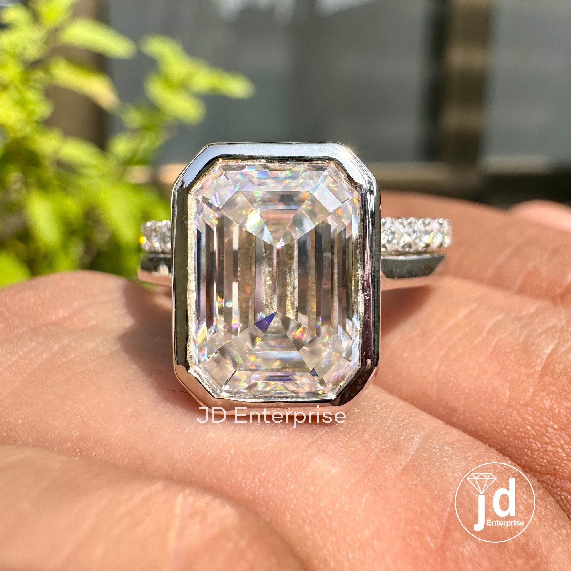 4.85 TCW Emerald Cut Colorless Moissanite Engagement Ring, Full Eternity Moissanite Wedding Band, Bezel Set Solitaire Bridal Ring Set
